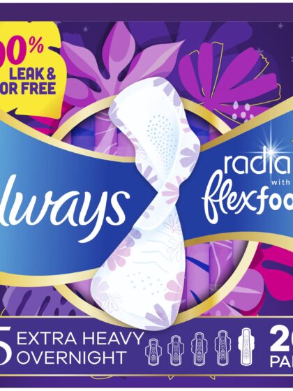 Always Radiant FlexFoam Pads for Women, Size 5, Extra Heavy Overnight Absorbency, 100% Leak & Odor Free Protection is Possible, with Wings