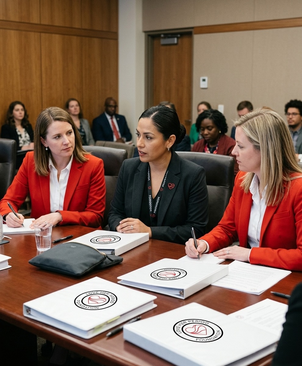 Female policy leaders reviewing Washington State Menstrual Equity briefing binders with Love Her Period Foundation