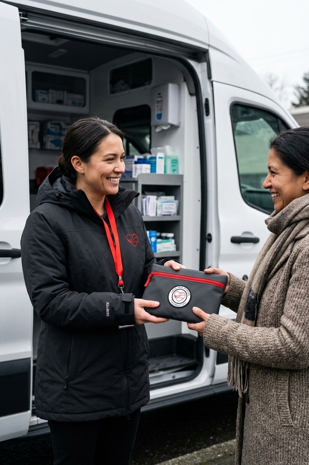 Outreach worker handing a weatherproof Sanctuary Care Pouch to a woman beside a mobile health van