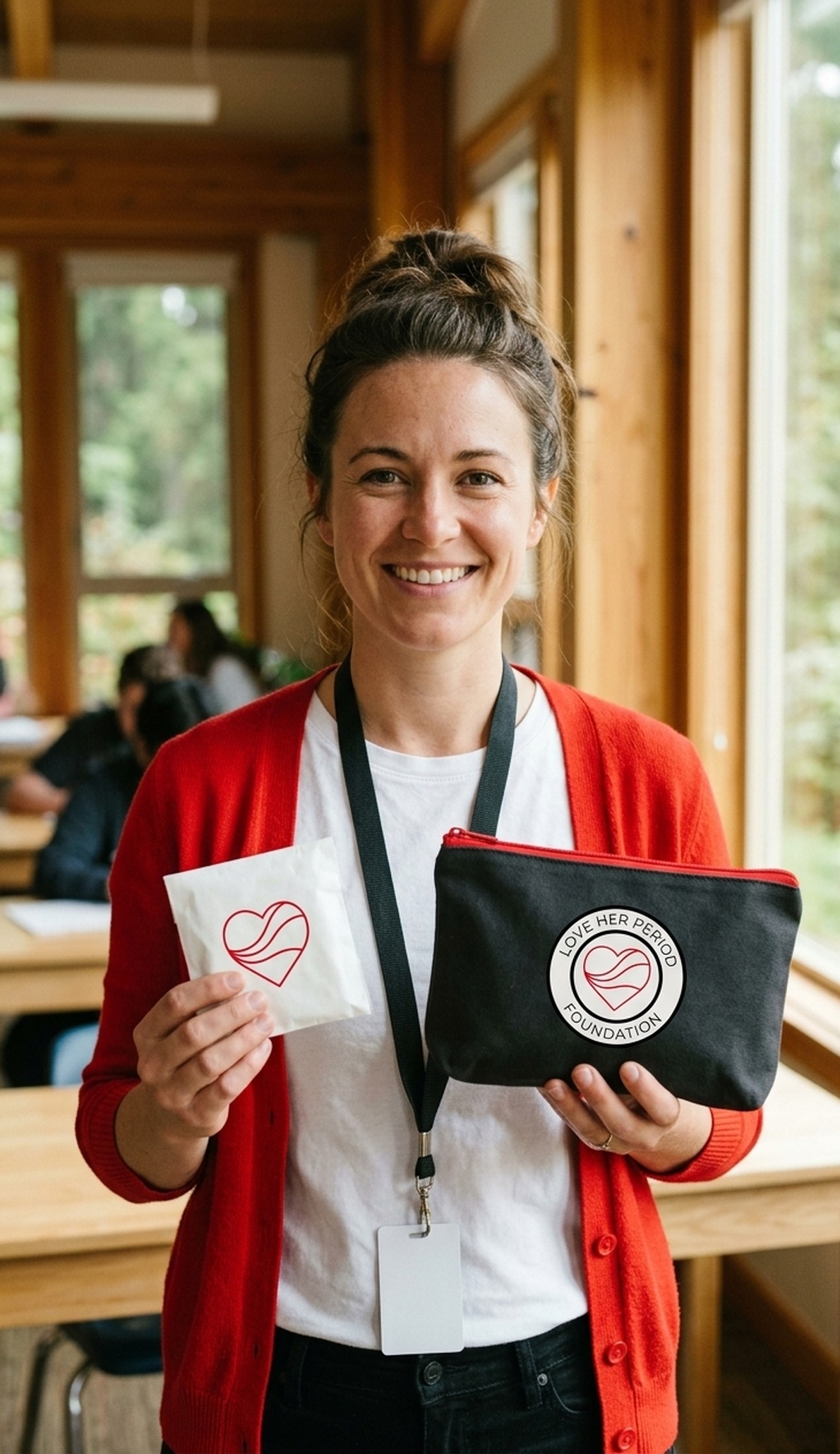 Educator presenting a plastic-free organic cotton pad packet and Matte Charcoal Sanctuary Care Pouch