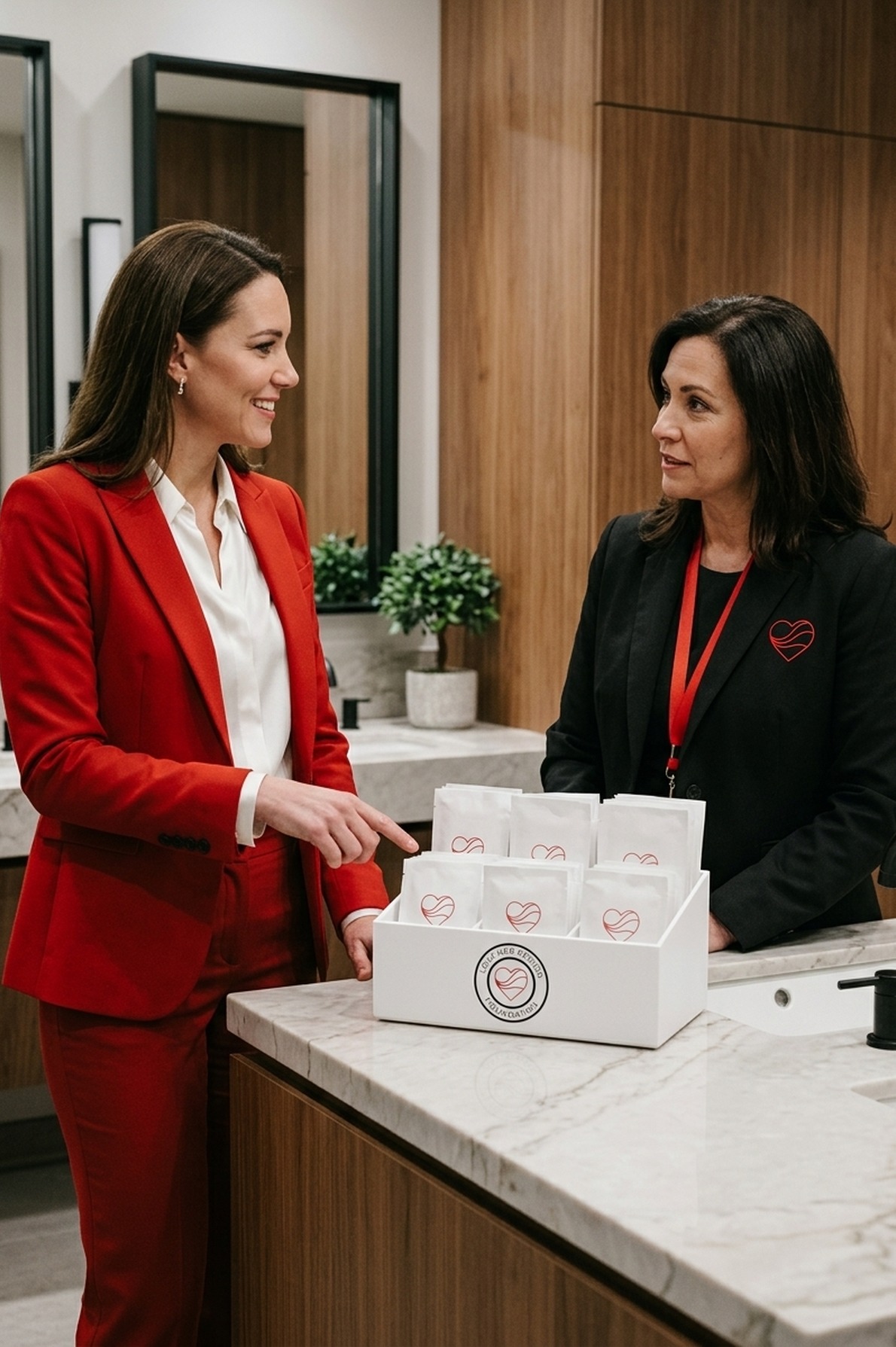 Corporate facilities director and Foundation coordinator inspecting a Workplace Dignity Station