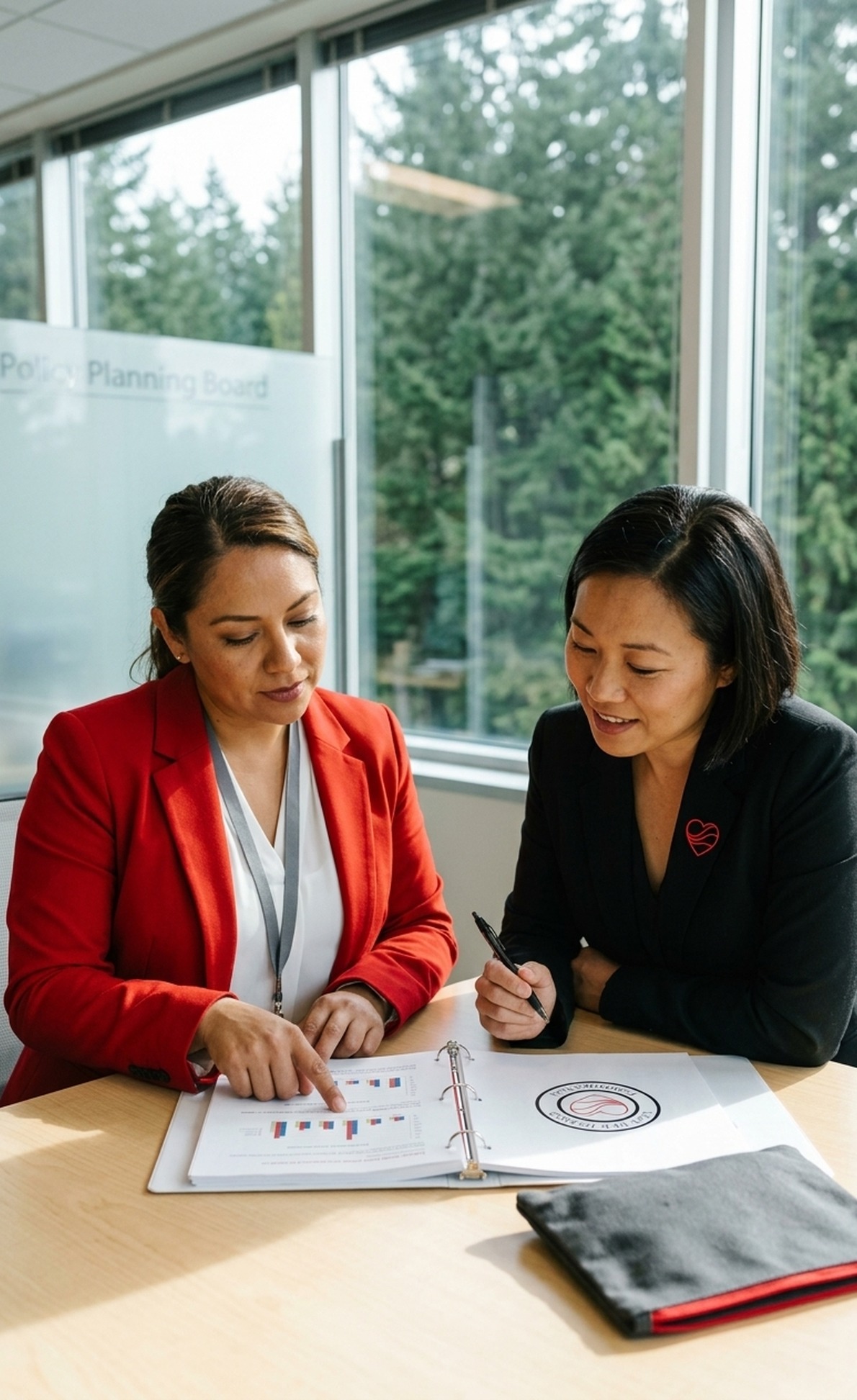 Community health researchers reviewing a Washington State Menstrual Equity Impact Report binder