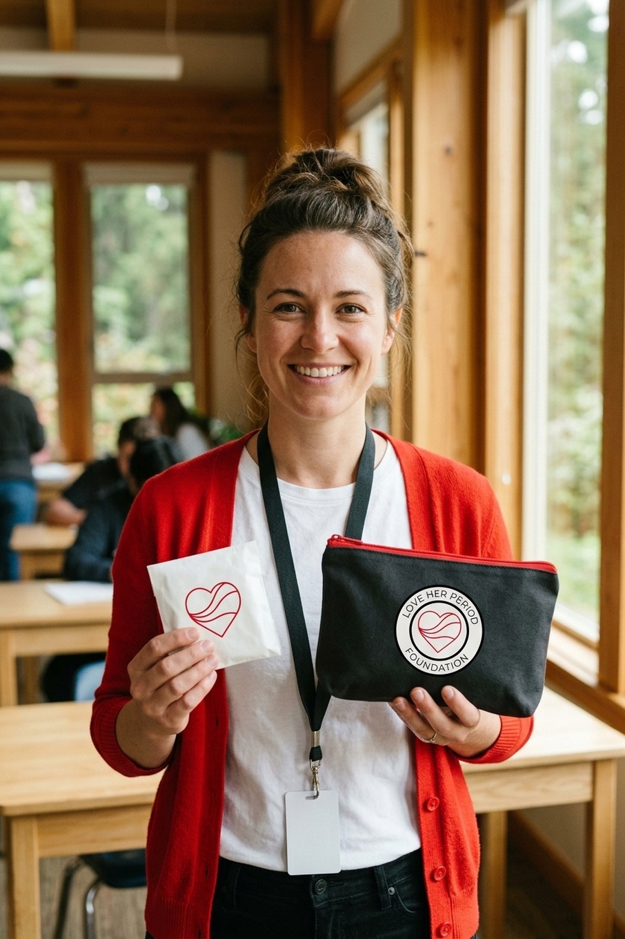 Environmental health educator presenting a Matte Charcoal and Crimson Sanctuary Care Pouch and plastic-free organic cotton pad packet