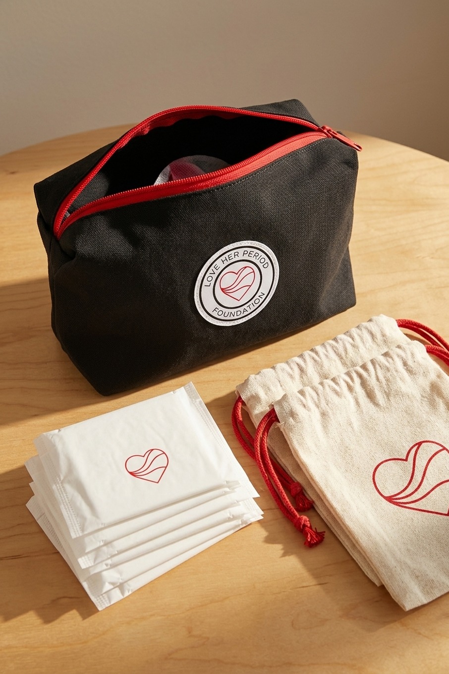 Open Matte Charcoal Sanctuary Care Pouch with Circular Foundation Seal, biodegradable pad wrappers, and organic cotton storage bags