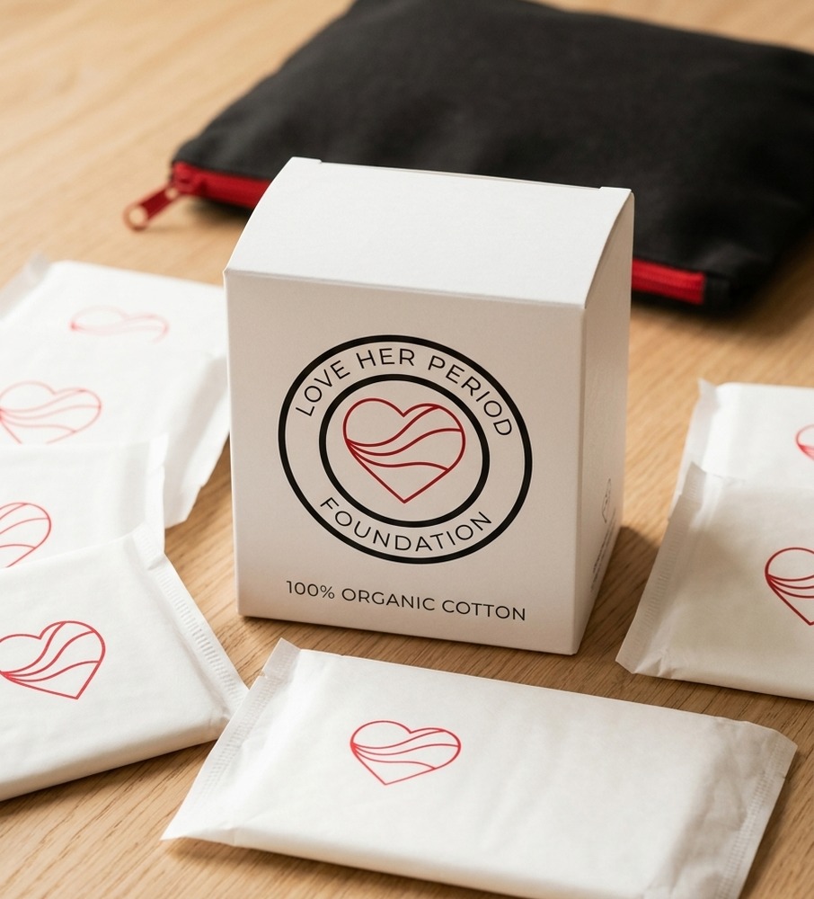 Love Her Period Foundation 100% Organic Cotton pad box and sealed white packets bearing the Circular Foundation Seal