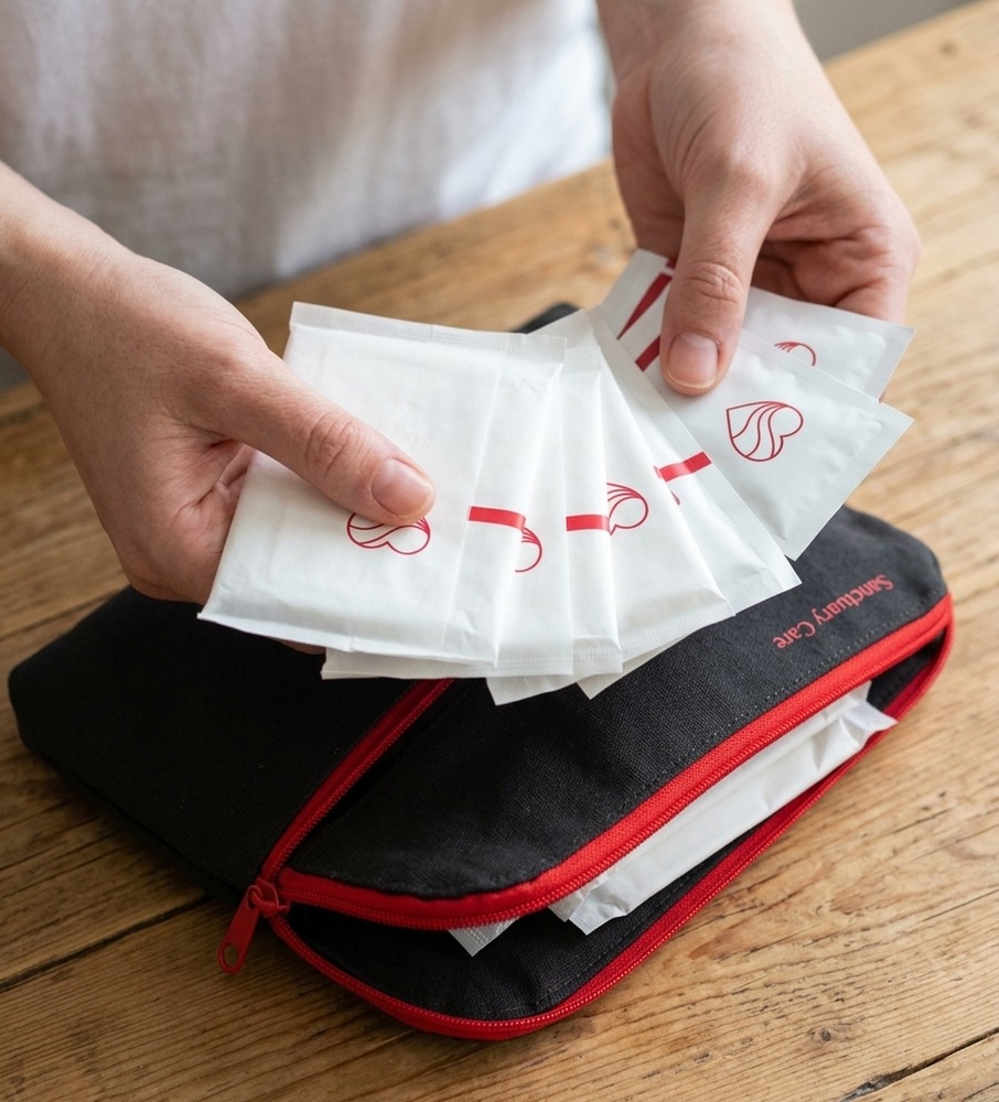 Volunteer packing plant-starch biodegradable pad wrappers stamped with the crimson Wave-Ribbon Heart into a Sanctuary Care Pouch