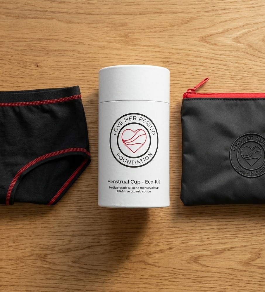 Sealed white medical-grade reusable Eco-Kit box, organic cotton period briefs, and Matte Charcoal Sanctuary Pouch