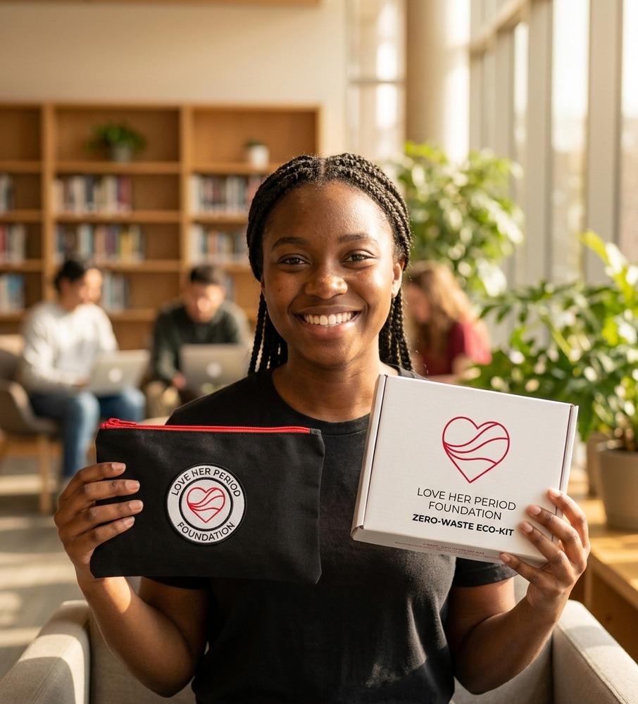 University student holding a Matte Charcoal Zero-Waste Eco Pouch and sealed white Eco-Kit box