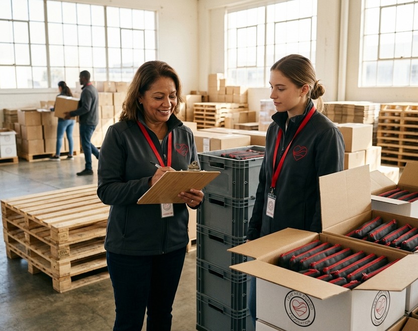 Logistics coordinators reviewing plastic-free bulk shipping cartons and restock crates filled with Sanctuary Care Pouches