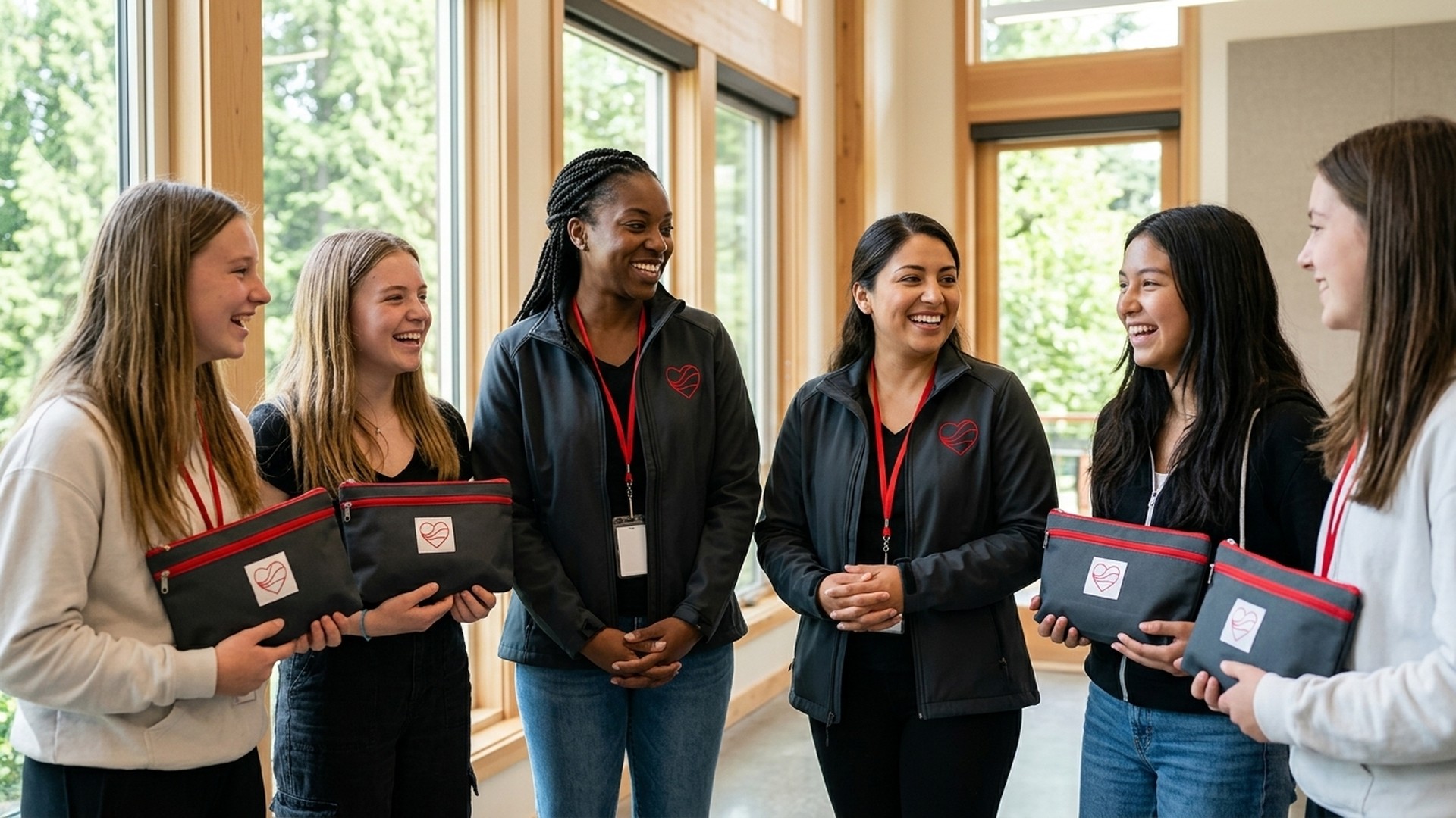 Love Her Period Foundation mentors in branded charcoal jackets with diverse teenage girls holding matte charcoal and crimson Sanctuary Care Pouches