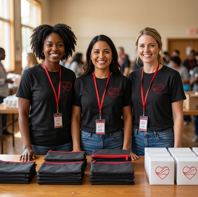 Three Love Her Period Foundation community advocates in branded charcoal shirts behind a table of Sanctuary Care Pouches and organic pad cases