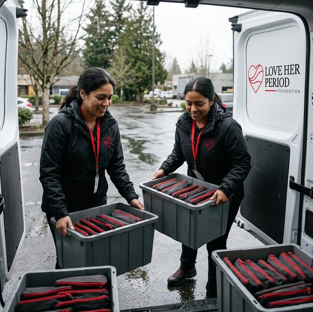 Love Her Period Foundation outreach workers unloading bulk crates of Sanctuary Care Pouches from a branded mobile outreach van