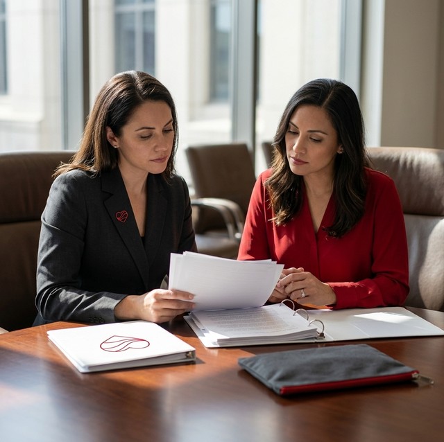 Two female policy advocates reviewing a Love Her Period Foundation policy briefing folder with a Sanctuary Care Pouch on the conference table