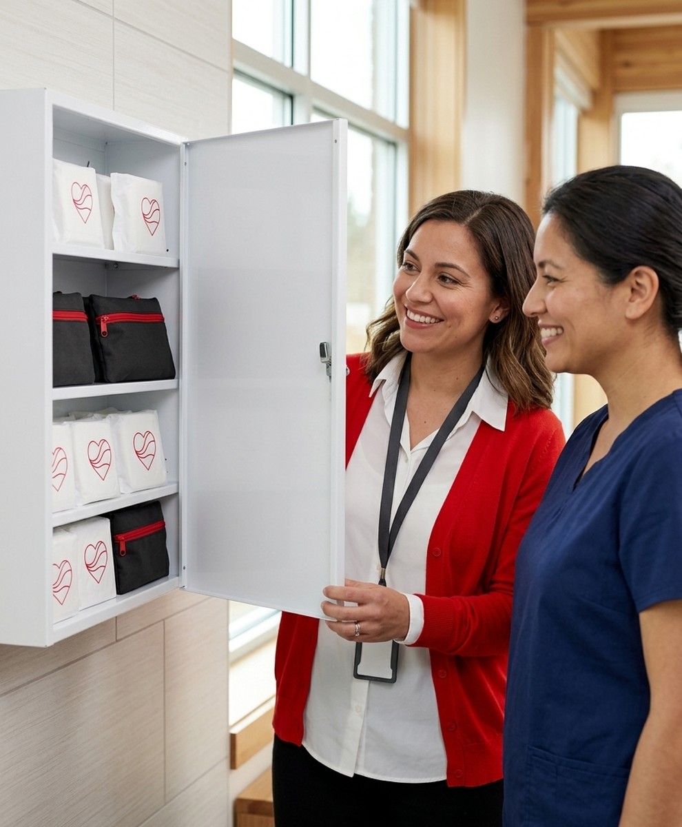 School nurse and Love Her Period Foundation coordinator stocking a white school restroom care dispensary with branded organic pad packets and student pouches