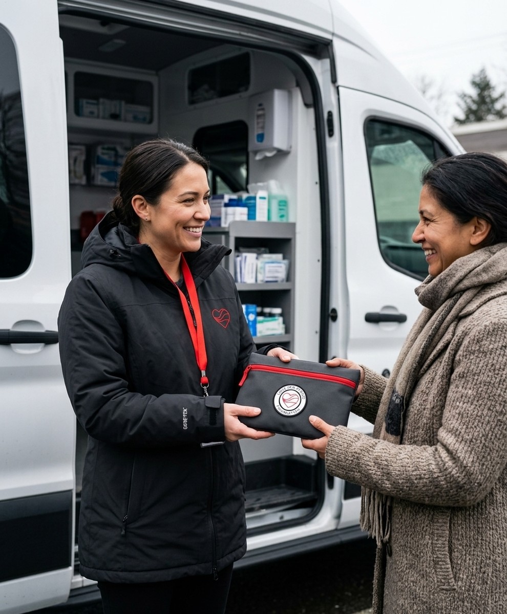 Love Her Period Foundation outreach worker in a branded charcoal parka handing a weatherproof Sanctuary Care Pouch to a woman beside a mobile health van