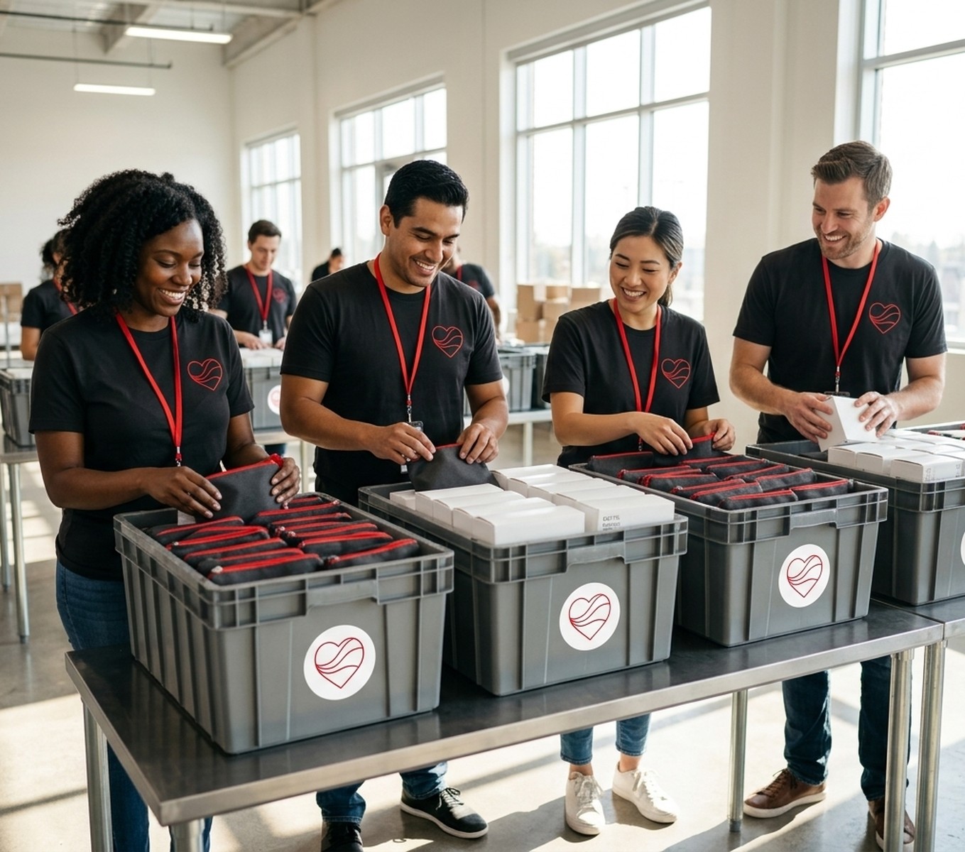 Corporate volunteers in branded Love Her Period Foundation charcoal shirts packing grey institutional supply crates with Sanctuary Care Pouches and organic pad cartons