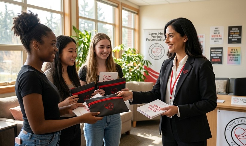 High school students receiving Matte Charcoal and Crimson Student Dignity Pouches and Cycle Literacy Guides from a Love Her Period Foundation coordinator