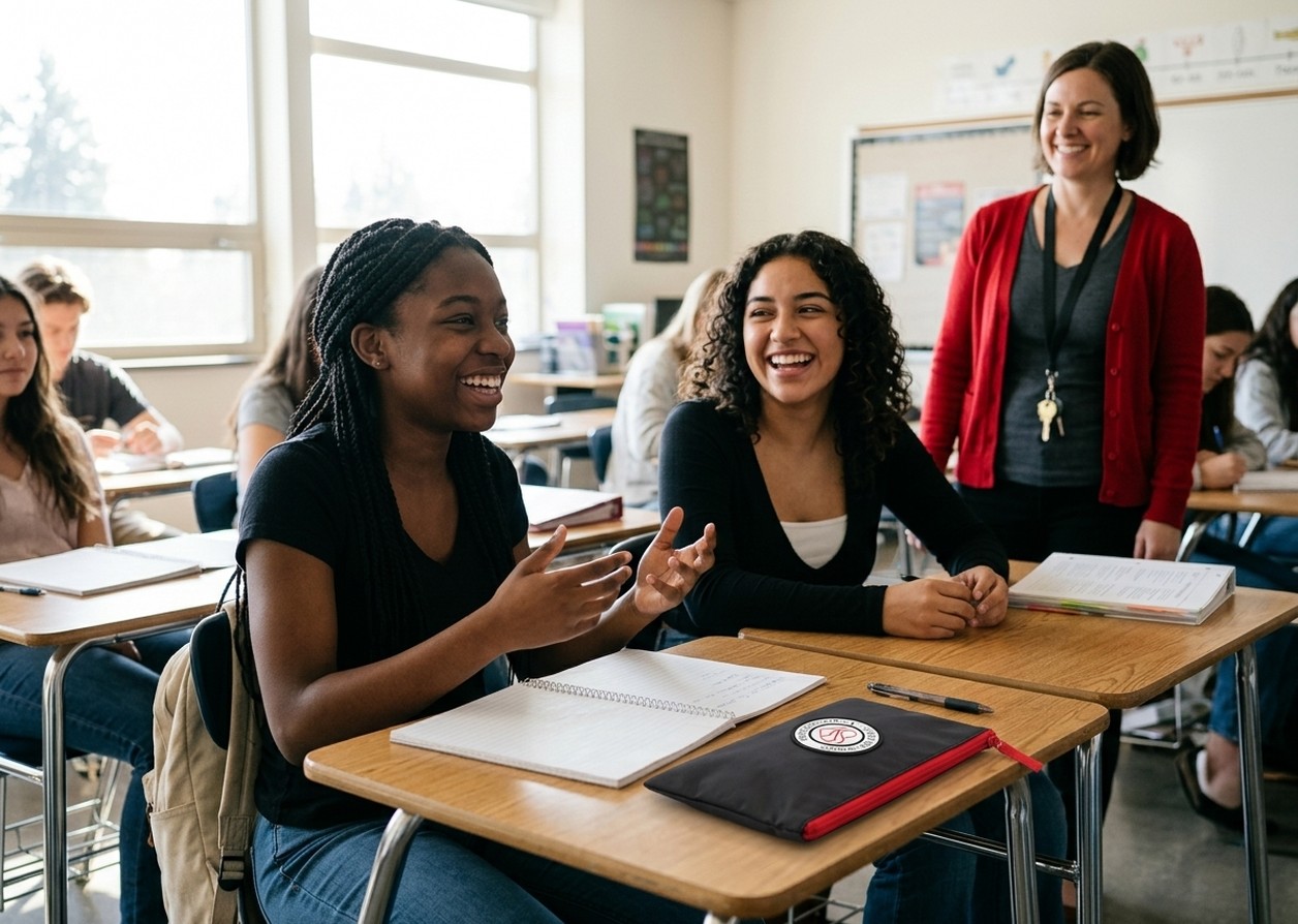 Two smiling high school students participating in class with a Love Her Period Foundation Student Dignity Pouch on the desk and a mentor in a crimson cardigan