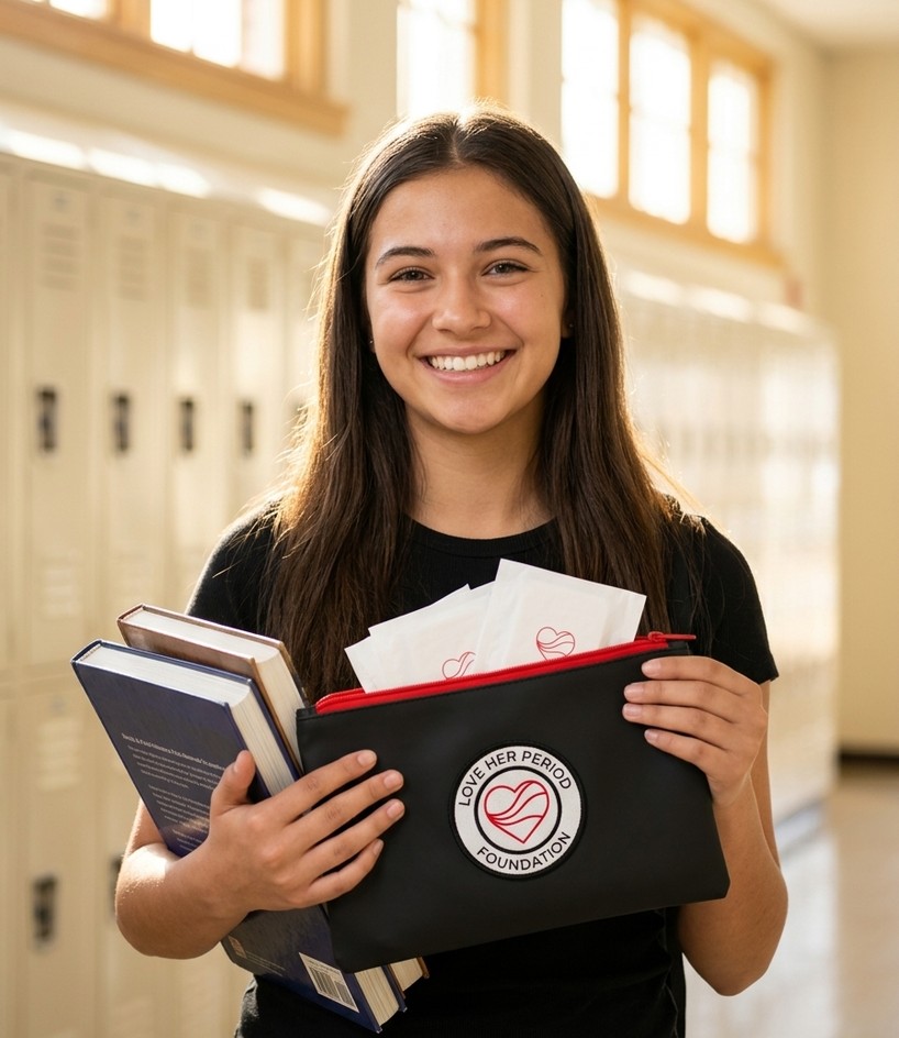 Smiling high school student in a campus hallway holding her textbooks and a Love Her Period Foundation Student Dignity Pouch with organic cotton pads